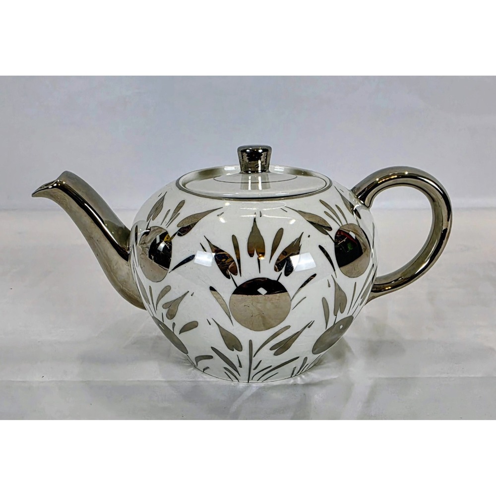 Vintage Arthur Wood Teapot Silver Luster Floral Cream Staffordshire England MCM